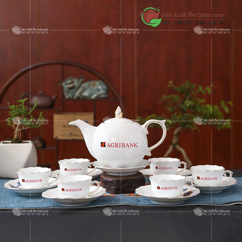 Bộ trà in logo Agribank - Ấm chén Bát Tràng in logo